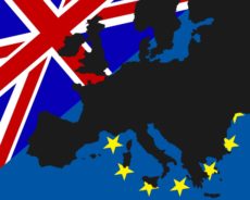 40649817 - power struggle between the uk and europe the black map of europe has been deposited with the flags of britain and europe