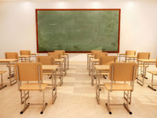 39785550 - illustration of bright empty classroom with desks and chairs